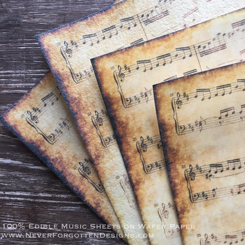 Edible Vintage Aged Music Sheets on Wafer Paper - Never Forgotten Designs