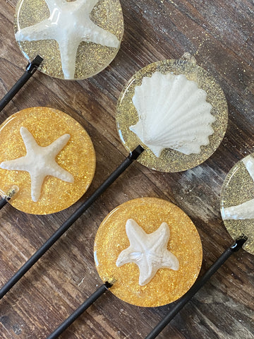 Beach Themed Lollipops with Edible Shells and Food Grade Glitter Made in FDA Registered Facility