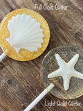 Beach Themed Lollipops with Edible Shells and Food Grade Glitter Made in FDA Registered Facility