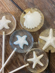 Beach Themed Lollipops with Edible Shells and Food Grade Glitter Made in FDA Registered Facility